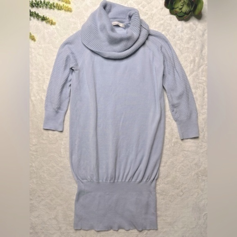 Karen Millen Wool Blend Cowl Neck 3/4 Sleeve Knit Mini Sweater Dress Light Blue